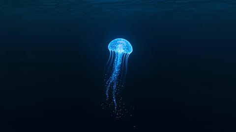3D rendered glowing blue AI orb leaking vibrant video frames and data streams into cosmic darkness.