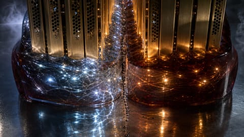 Futuristic 3D render of glowing AI accelerator chips with neural connections.