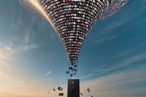 Vibrant 3D render of vertical smartphone screen launching dynamic abstract video waves with glowing logos.