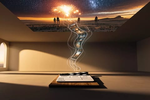 Futuristic 3D render of glowing cinematic video frames merging with AI neural networks.