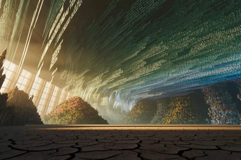 Vibrant 3D render of glowing AI circuits merging with dynamic game characters on futuristic conference stage.
