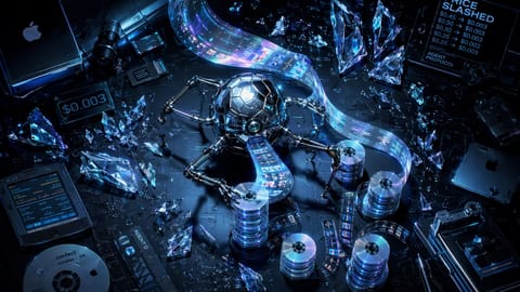 Futuristic 3D rocket launching amid glowing AI circuits and creative tools in starry cosmic void.