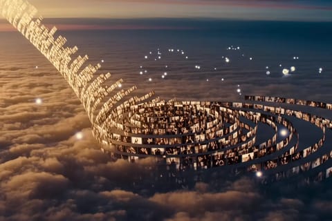 Futuristic 3D render of swirling orange clouds forming glowing video frames and neural networks.