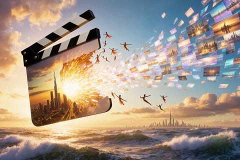 Vibrant 3D render of swirling neon video frames exploding into electric sparks on cosmic black background.