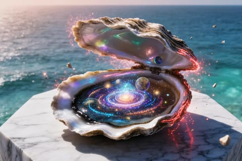 3D rendered happy oyster smiling playfully amid glowing pearls and swirling digital waves.