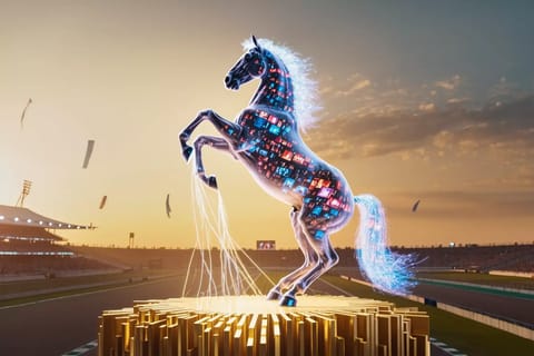 Vibrant 3D render of grinning horse leaping over red barriers on skyrocketing bar chart.