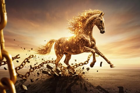 Glossy 3D-rendered grinning horse rearing triumphantly with gold trophy on starry podium.