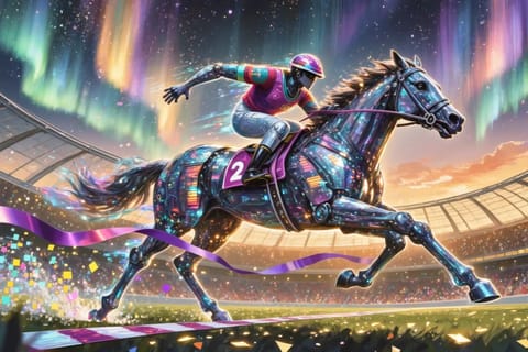 A joyful 3D-rendered horse prancing triumphantly on a glowing podium amid digital video sparks.