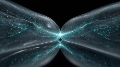 Abstract 3D render of two hands connected by glowing haptic interfaces in soft blue light