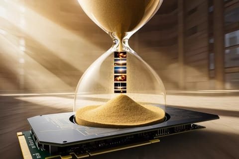 Vibrant 3D-rendered sunburst with flowing video ribbons and glowing circuit patterns on a laptop.