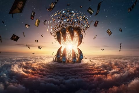 Futuristic metallic claw emerging from swirling clouds, crafting glowing images and video frames in 3D render style.