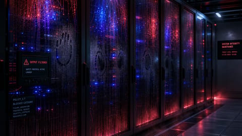 Abstract digital illustration of glowing AI circuits blocked by bold red filter bars.