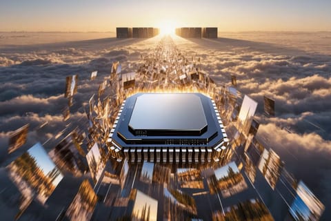 Futuristic glowing microchip on circuit board with neural network holograms and light trails.