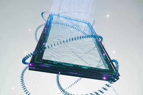Electric blue neural networks and violet data streams forming image-to-video pipelines on holographic circuit landscape.