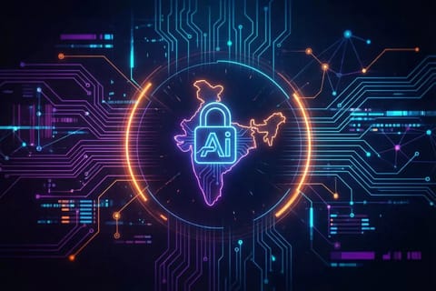 Dark tech background with vibrant blue and orange glowing circuits and futuristic geometric patterns.