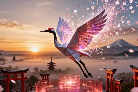 3D render of cherry blossoms merging with glowing binary code and samurai holograms in neon cityscape.
