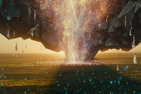 3D rendered colossal cybernetic brain pulsing electric blue energy, shattering glowing red barriers in cosmic void.
