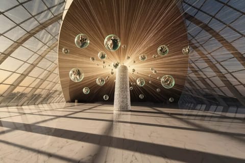 Futuristic 3D render of swirling digital particles forming code streams and motion trails.