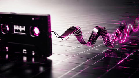 Futuristic 3D render of glowing 4K video frame with fluid motion blur and synced audio waves.