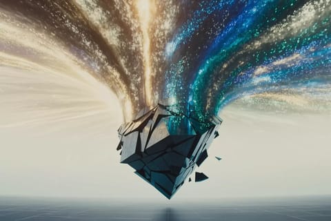 Vibrant 3D rendered video effects swirling around a glowing futuristic AI orb in neon hues.