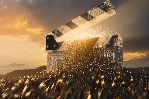 Vibrant 3D render of colossal film reel morphing into glowing AI neural network under spotlights.