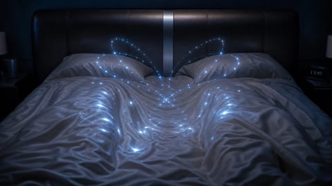 Abstract 3D render of curved device beside glowing smartphone sync interface on dark background