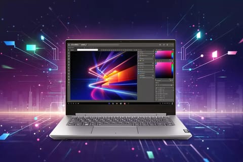 Sleek laptops with glowing screens and neon accents on dark futuristic background.