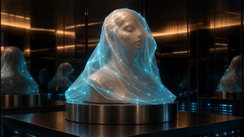 3D render of a digital figure emerging from a flat sketch with glowing effects