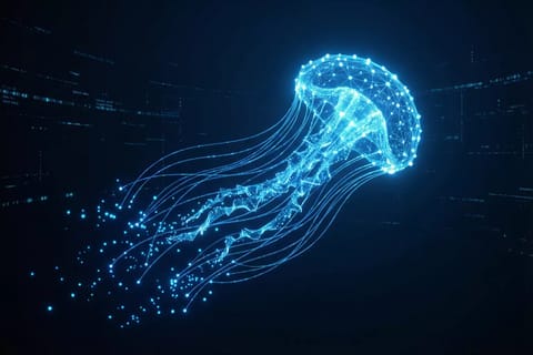 Futuristic crystalline structure revealing Leonardo AI API limits in glowing blue-teal holograms on isometric dark backdrop