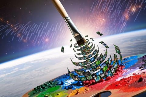 3D rendered rocket launching from vibrant paint palette amid swirling pixel trails.