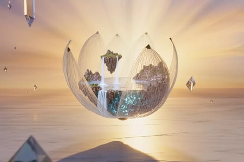 Surreal 3D render of luminous seed bursting into vibrant, dreamlike cosmic landscapes.