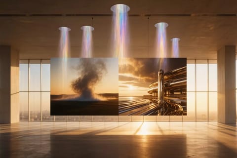Futuristic 3D render of glowing digital canvas with transforming artworks and holographic tools.