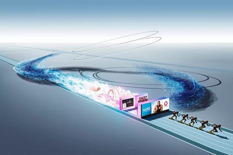Dynamic 3D render of cybernetic runners sprinting toward glowing trophies on neon racetrack.