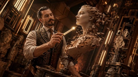 Surreal 3D render of a glowing canvas morphing dreamscapes with holographic AI editing tools.