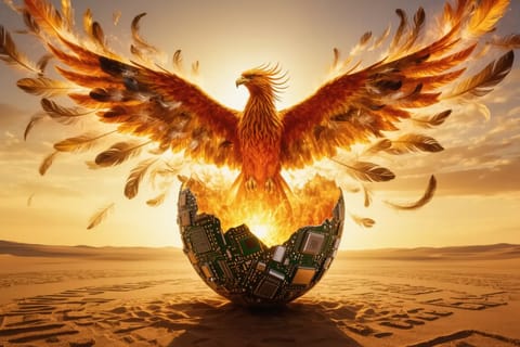 Majestic fiery phoenix rising from glowing ashes in dramatic digital art style.