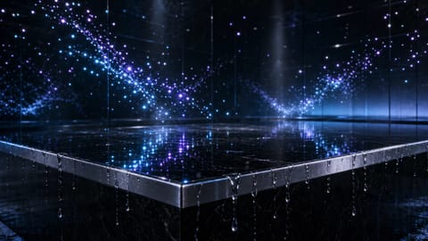 Dramatic cinematic lighting rig with colored spotlights casting beams across a dark studio set