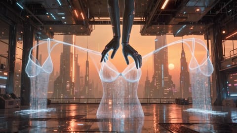 Warm amber and magenta-lit workshop with glowing keyboard transforming lingerie AI prompt into seductive silhouette.