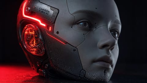 Close-up of a hyper-realistic AI robot head with glowing eyes and metallic details.