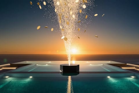3D render of glamorous cam model holding $1M trophy amid exploding fireworks and rising graphs.