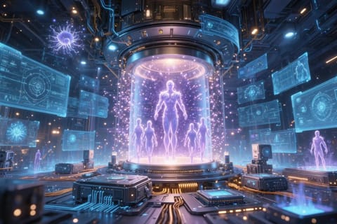 Dynamic 3D render of artist's hand sculpting vibrant, evolving digital art from glowing particles.