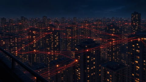 Abstract 3D render of glowing silhouettes linked by neon network lines