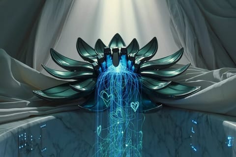 3D-rendered glowing claw device with ethereal blue AI holograms and neural circuits emerging.