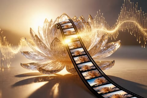 Vibrant 3D-rendered holographic screen displaying sharp 4K video with pulsing audio waveforms.