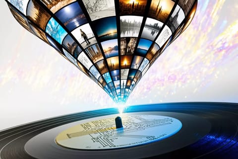 Dynamic 3D render of swirling video frames emerging from a glowing neon core in blue hues.