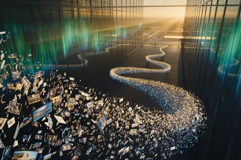 3D rendered glowing orbs and humanoid agents weaving dynamic light streams in futuristic digital space.