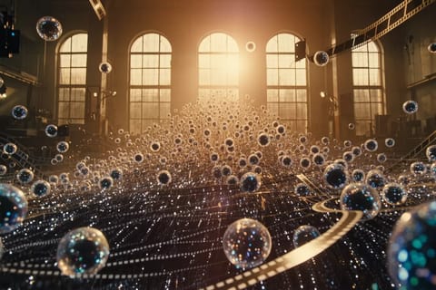 3D rendered AI agents manipulating glowing video timelines in a futuristic creative studio.