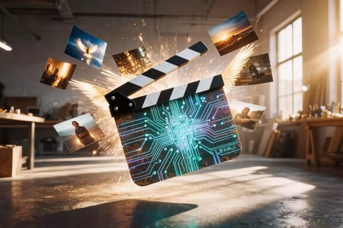 3D rendered hybrid film studio with glowing monitors, cameras, and realtime digital overlays merging realities.