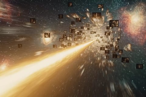 Stylized 3D render of luminous rays bursting from futuristic machine, swirling into dynamic video streams.