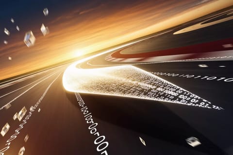 3D rendered futuristic AI brain outracing Google logo on a glowing benchmark racetrack of floating images.