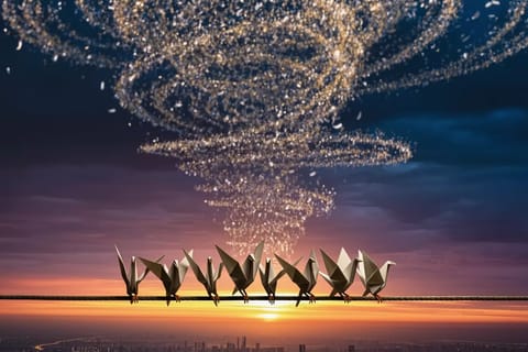 Vibrant 3D-rendered mango dancer twirling with glowing AI particles and explosive viral video bursts.